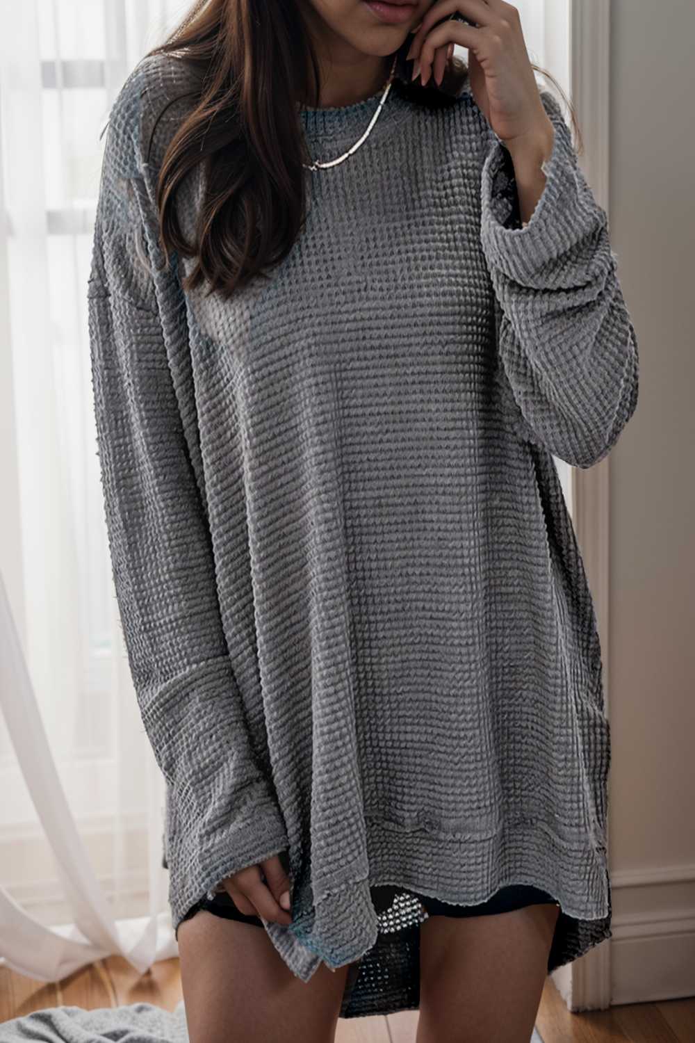 casual chunky knit mock neck long sleeve split pullover sweater 109456