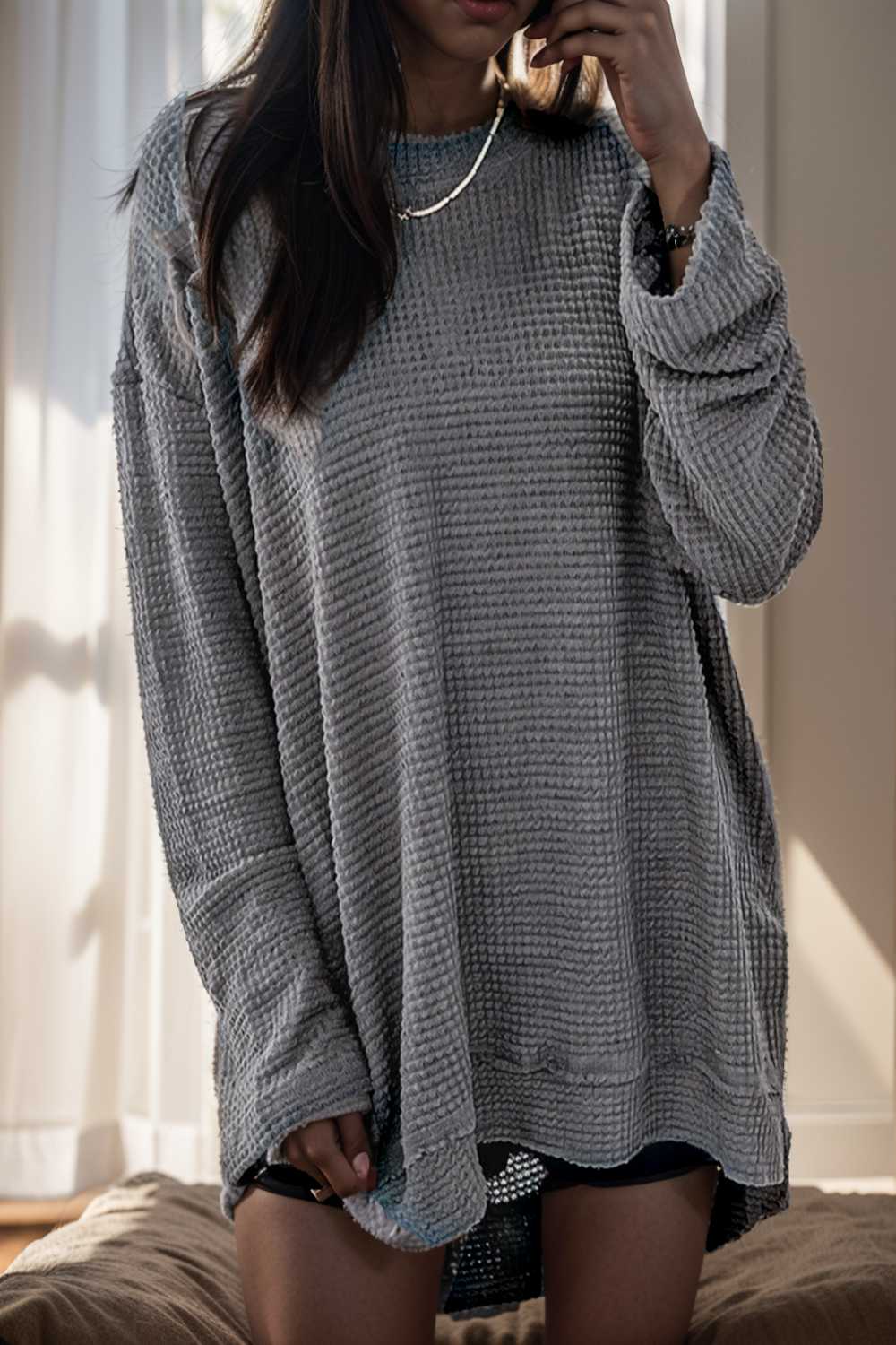 casual chunky knit mock neck long sleeve split pullover sweater 109452