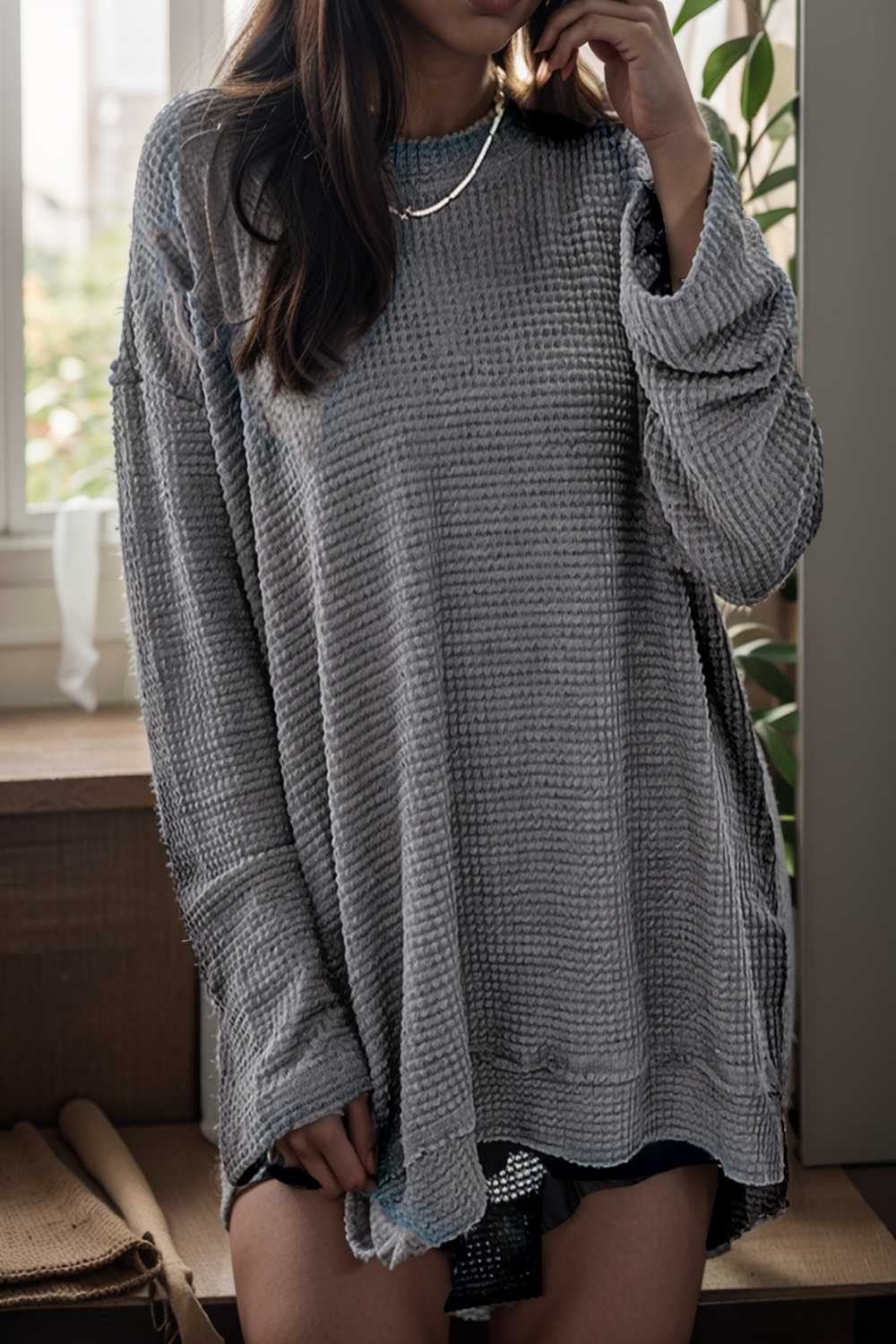casual chunky knit mock neck long sleeve split pullover sweater 109451