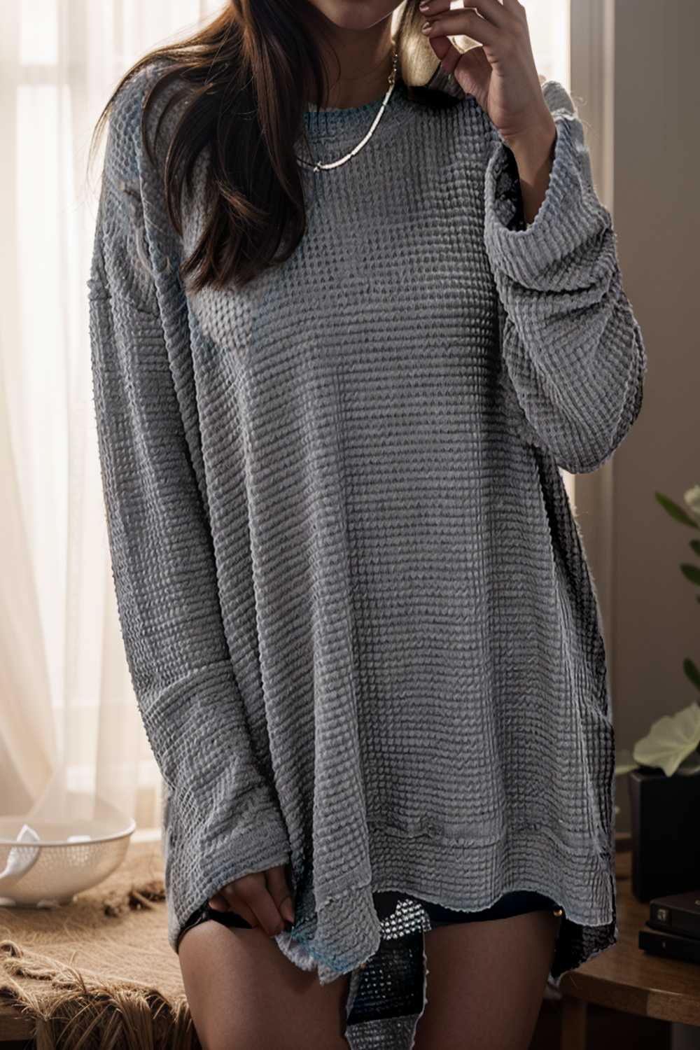 casual chunky knit mock neck long sleeve split pullover sweater 109449