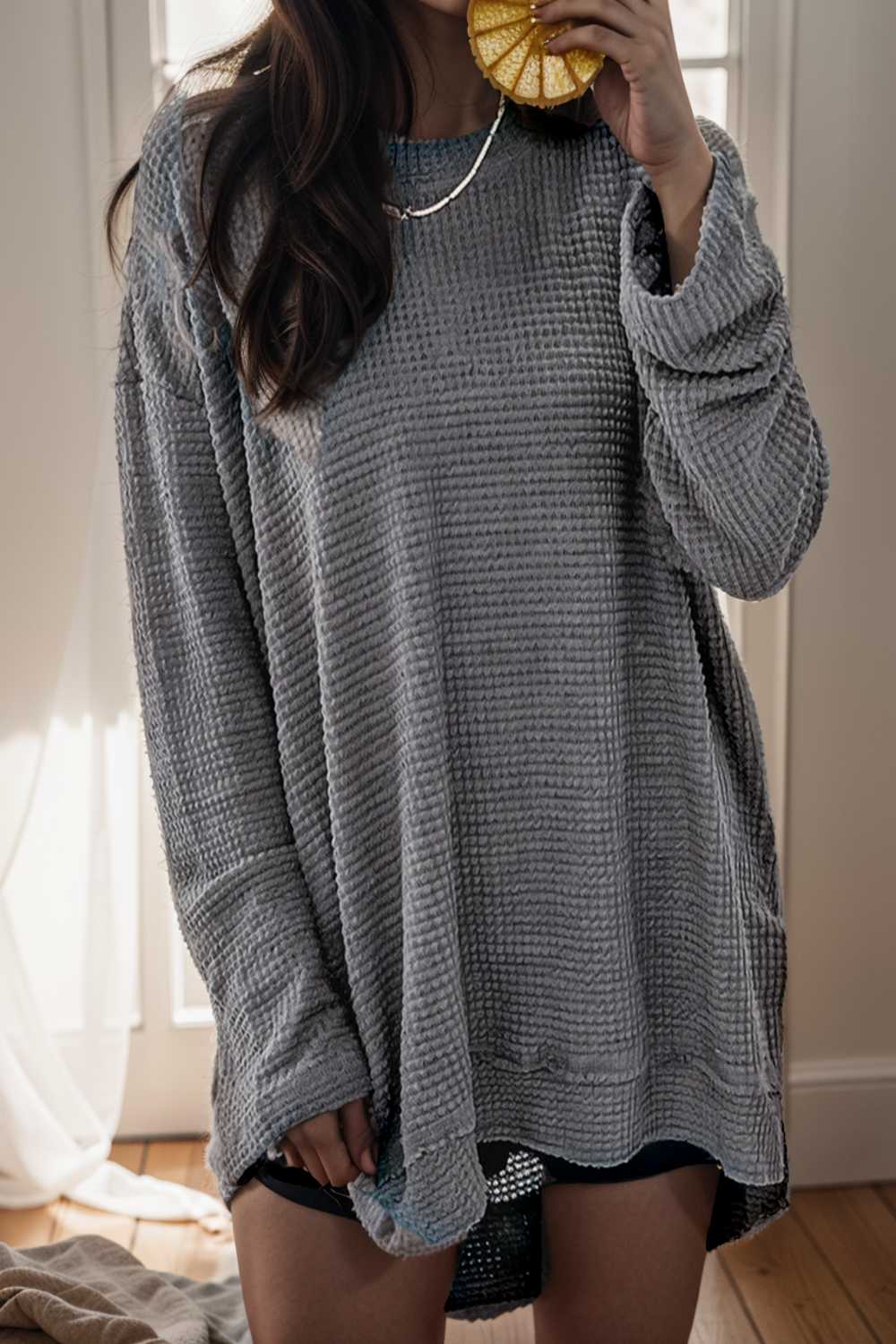casual chunky knit mock neck long sleeve split pullover sweater 109447