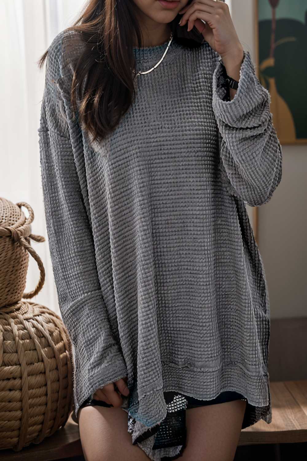 casual chunky knit mock neck long sleeve split pullover sweater 109446