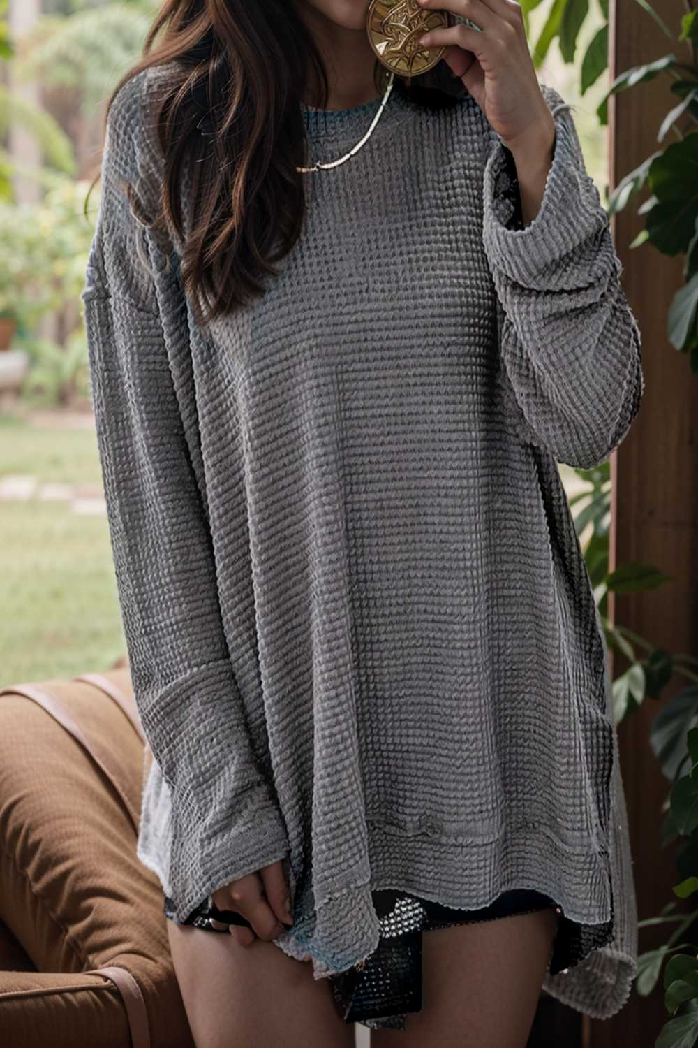 casual chunky knit mock neck long sleeve split pullover sweater 109445