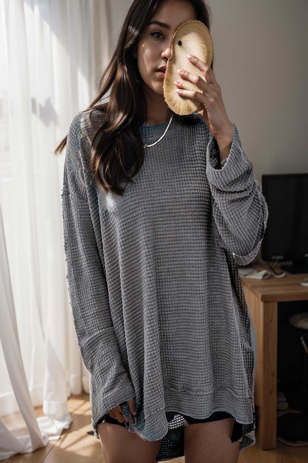 casual chunky knit mock neck long sleeve split pullover sweater 111573