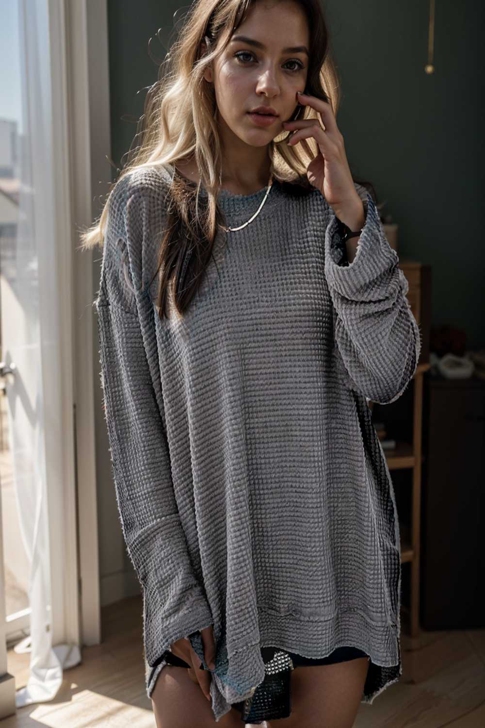 casual chunky knit mock neck long sleeve split pullover sweater 107088