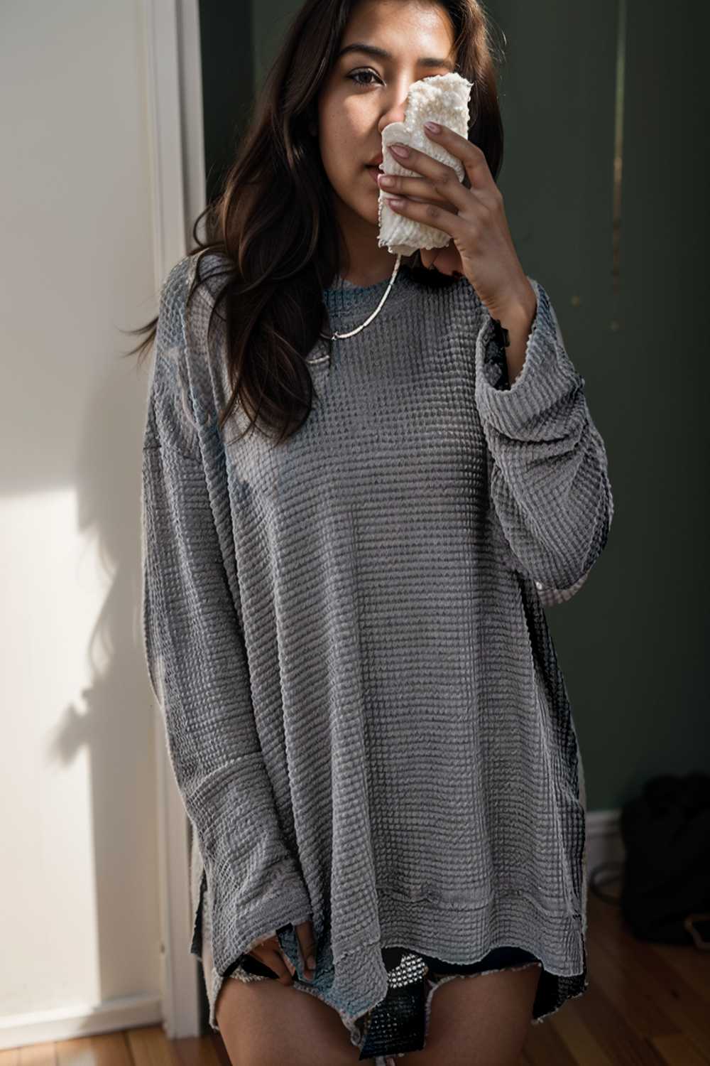 casual chunky knit mock neck long sleeve split pullover sweater 109439