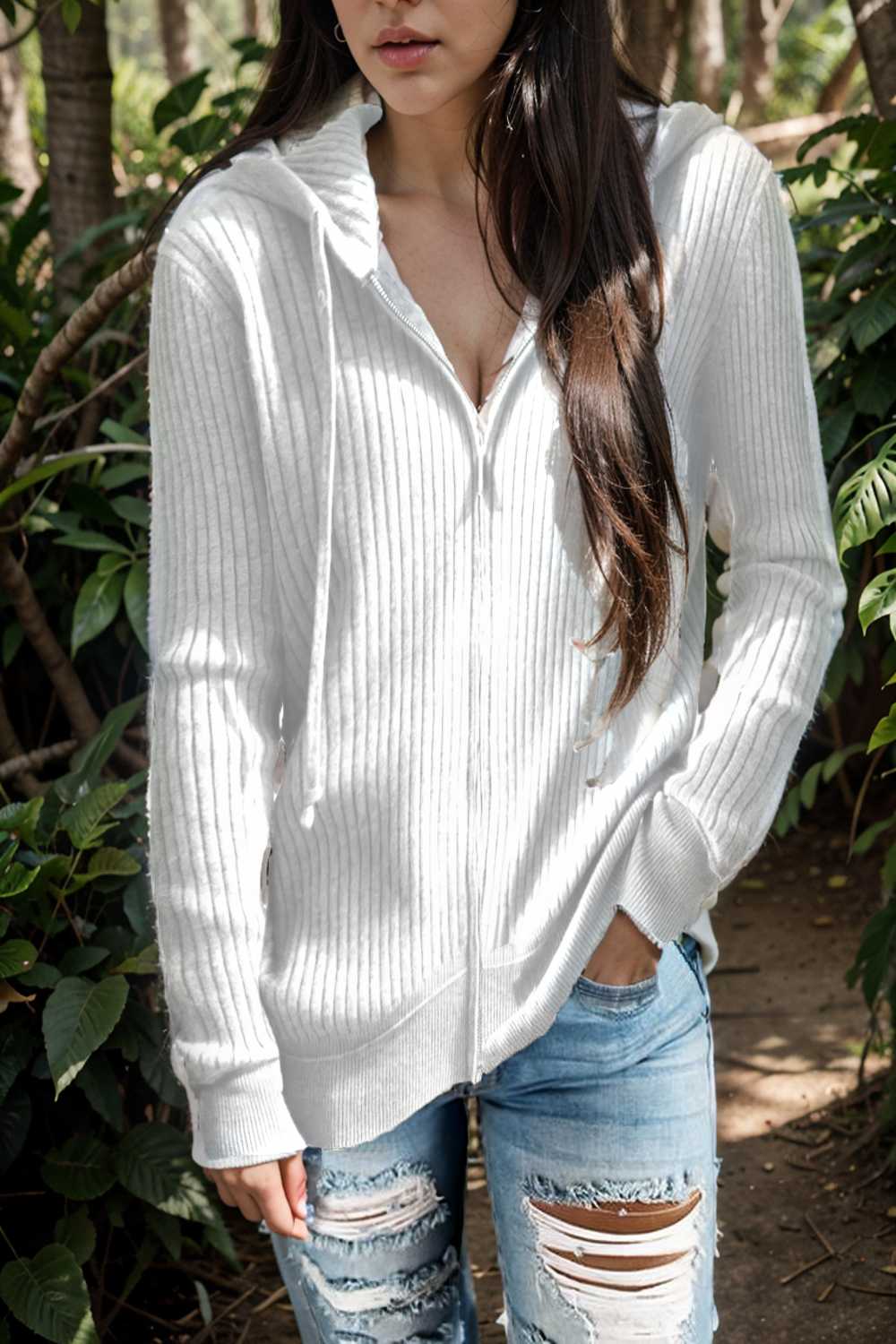 casual zip cardigan long sleeve knit hoodie shirt drop shoulder v neck closed jewel 112876