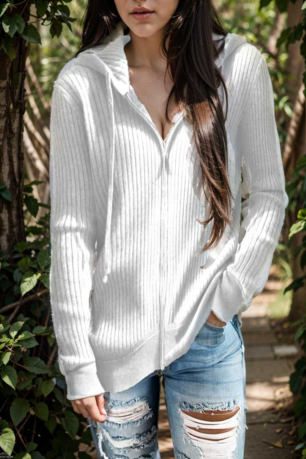 casual zip cardigan long sleeve knit hoodie shirt drop shoulder v neck closed jewel 109431