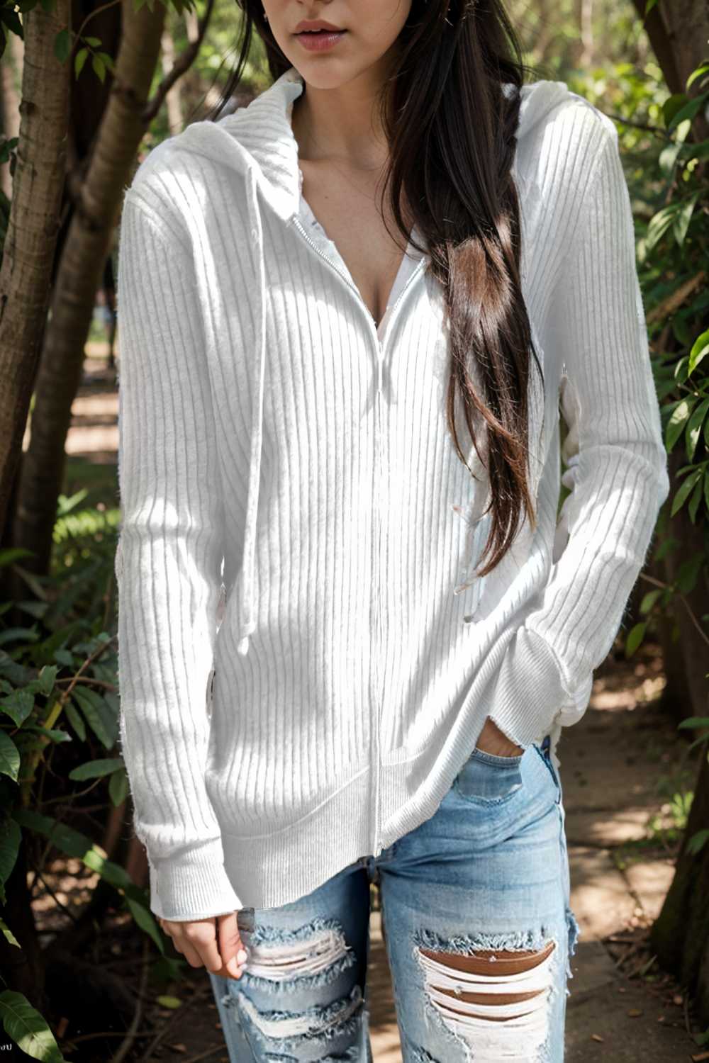 casual zip cardigan long sleeve knit hoodie shirt drop shoulder v neck closed jewel 107312