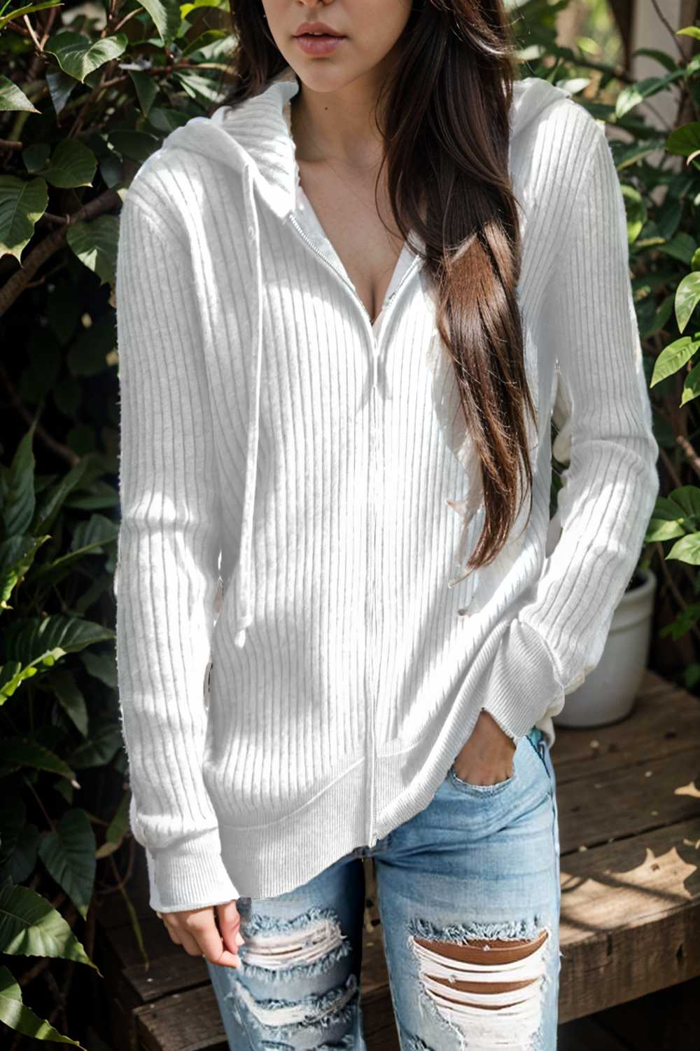 casual zip cardigan long sleeve knit hoodie shirt drop shoulder v neck closed jewel 109430