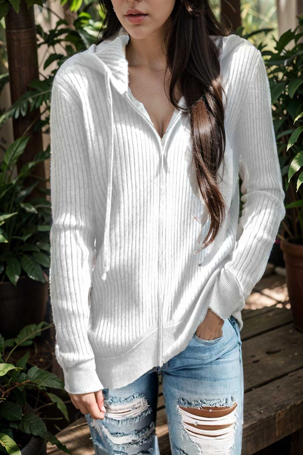 casual zip cardigan long sleeve knit hoodie shirt drop shoulder v neck closed jewel 109429