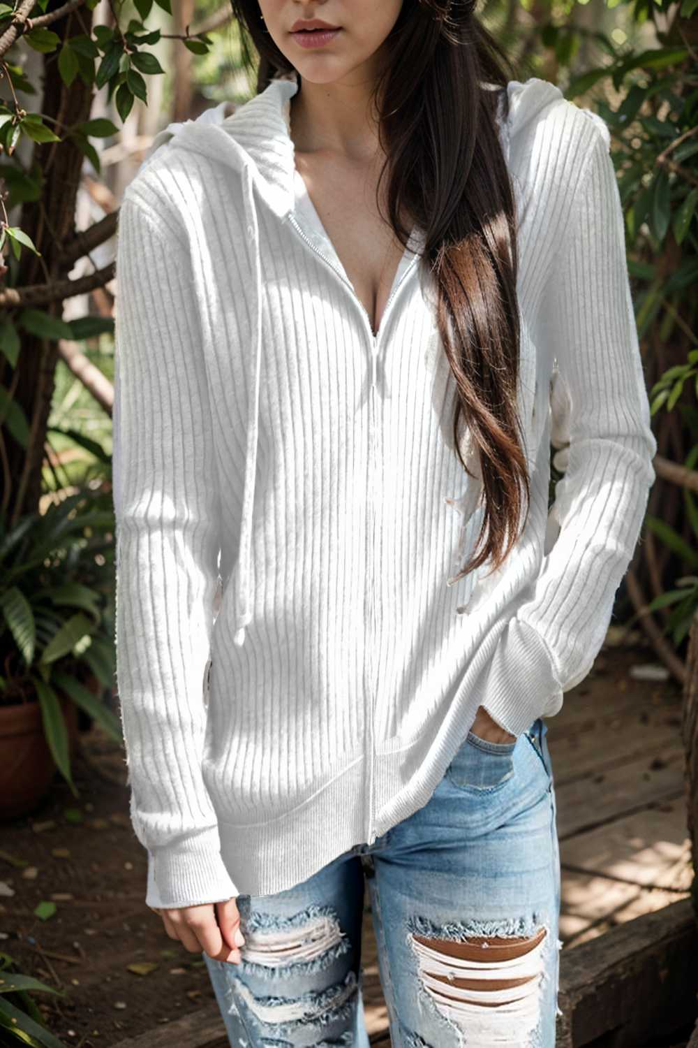 casual zip cardigan long sleeve knit hoodie shirt drop shoulder v neck closed jewel 109428