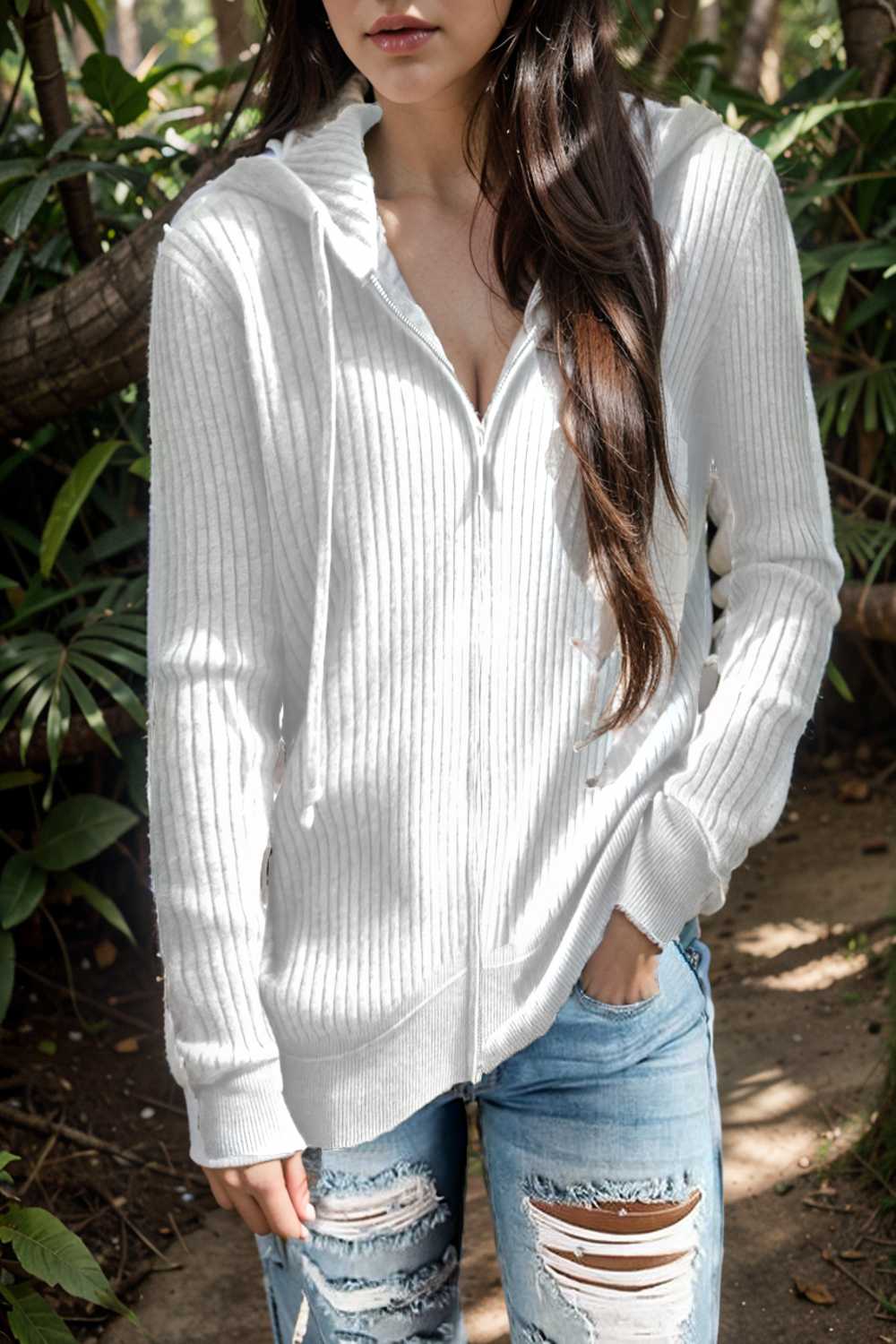 casual zip cardigan long sleeve knit hoodie shirt drop shoulder v neck closed jewel 109427
