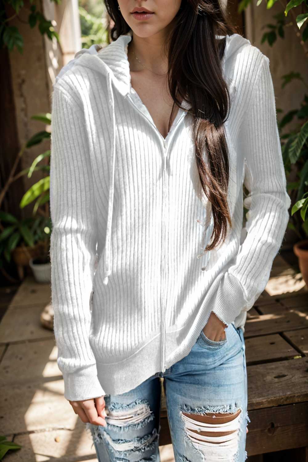 casual zip cardigan long sleeve knit hoodie shirt drop shoulder v neck closed jewel 109426