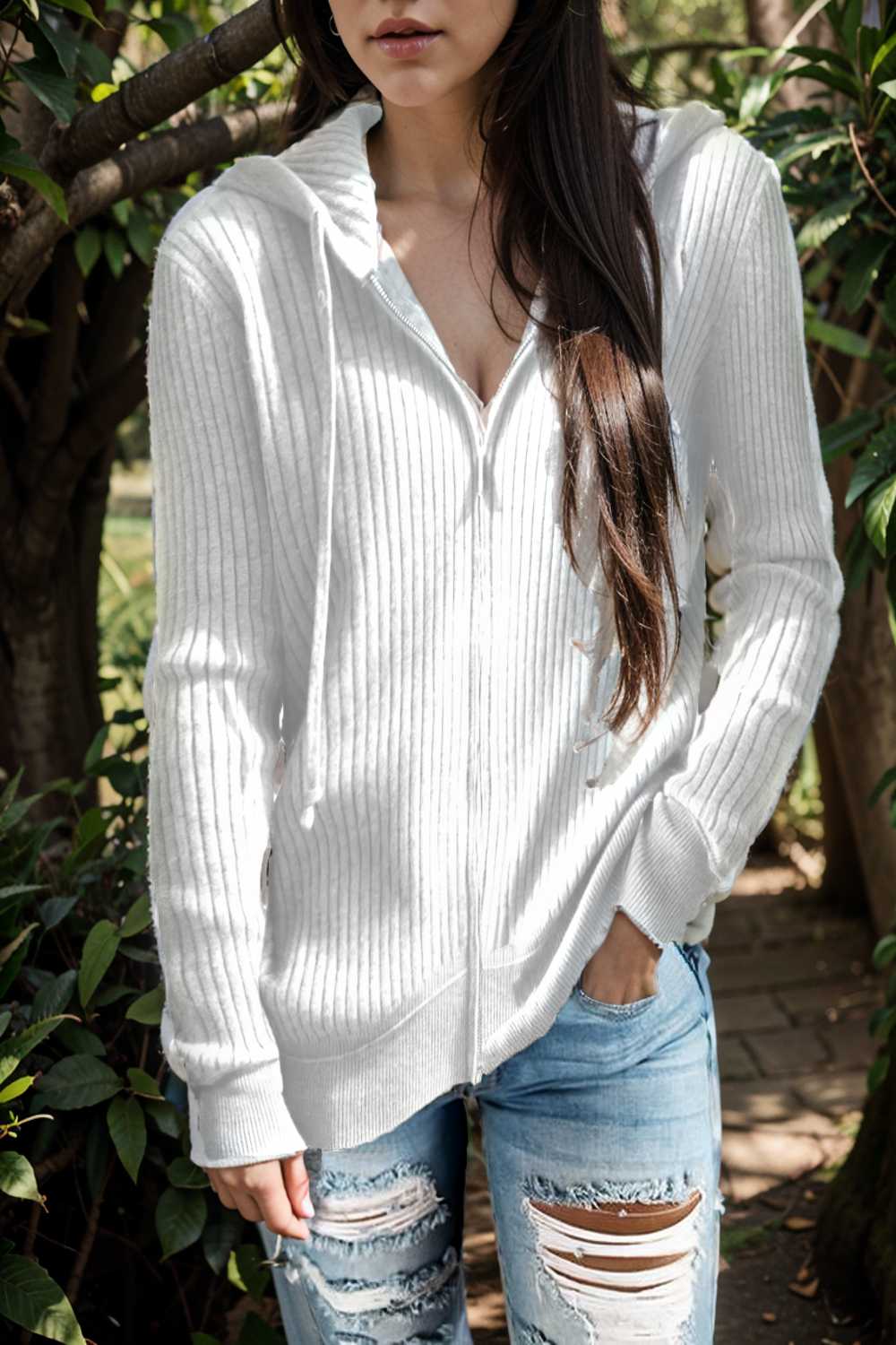 casual zip cardigan long sleeve knit hoodie shirt drop shoulder v neck closed jewel 109424
