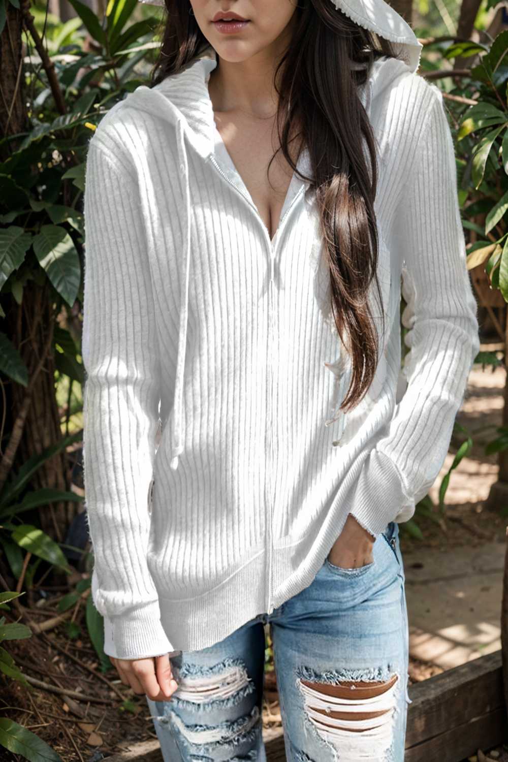 casual zip cardigan long sleeve knit hoodie shirt drop shoulder v neck closed jewel 109423