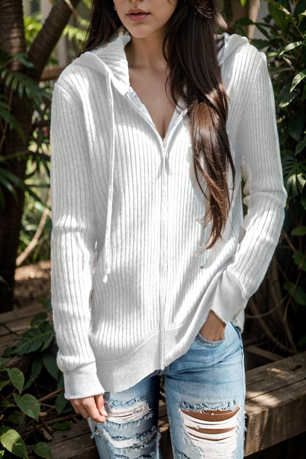 casual zip cardigan long sleeve knit hoodie shirt drop shoulder v neck closed jewel 109422