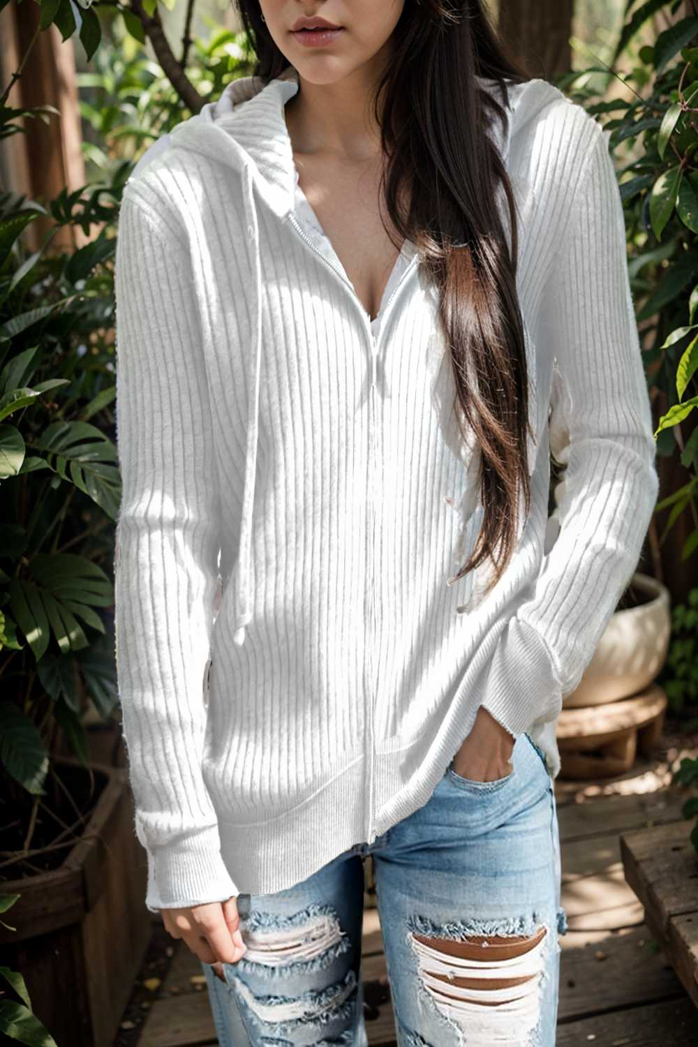 casual zip cardigan long sleeve knit hoodie shirt drop shoulder v neck closed jewel 109421