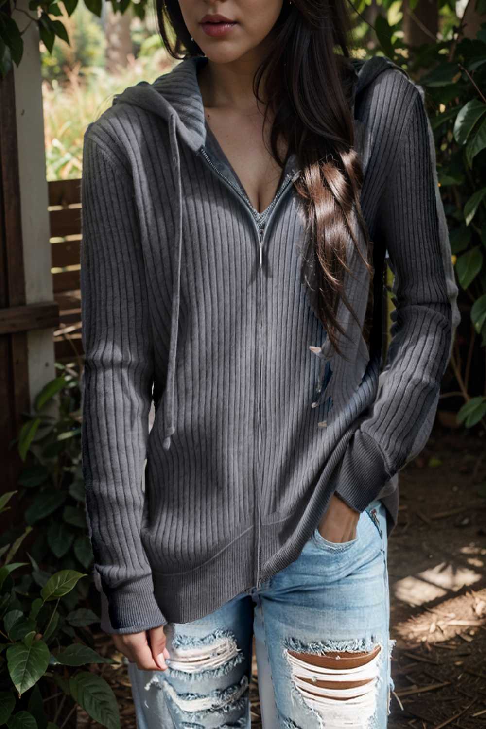 casual zip cardigan long sleeve knit hoodie shirt drop shoulder v neck closed jewel 109420