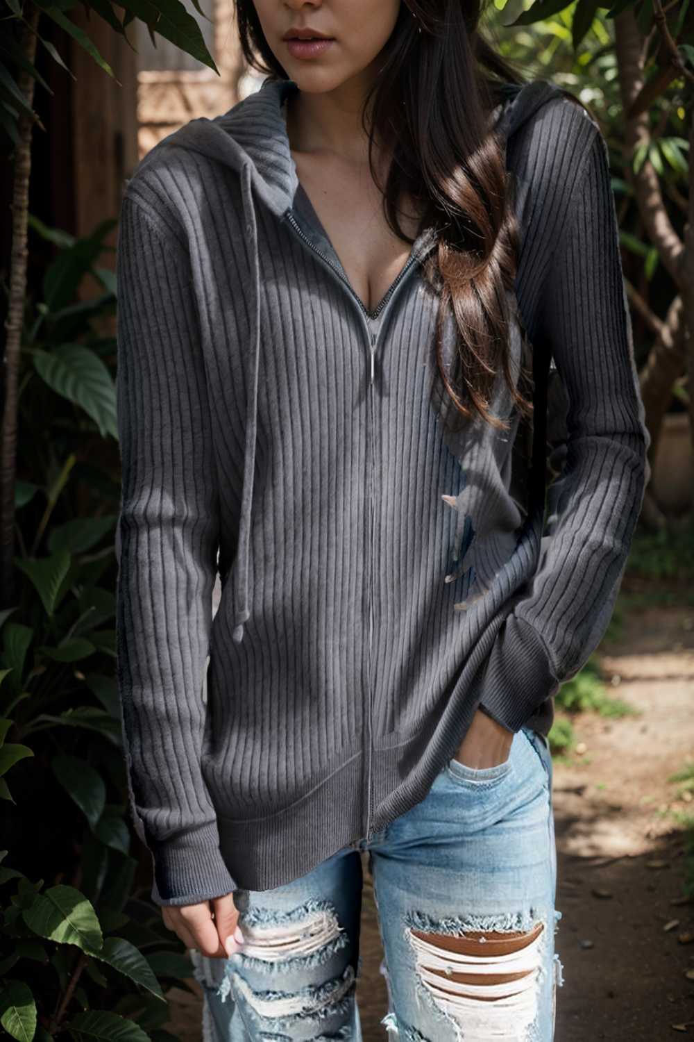 casual zip cardigan long sleeve knit hoodie shirt drop shoulder v neck closed jewel 111033