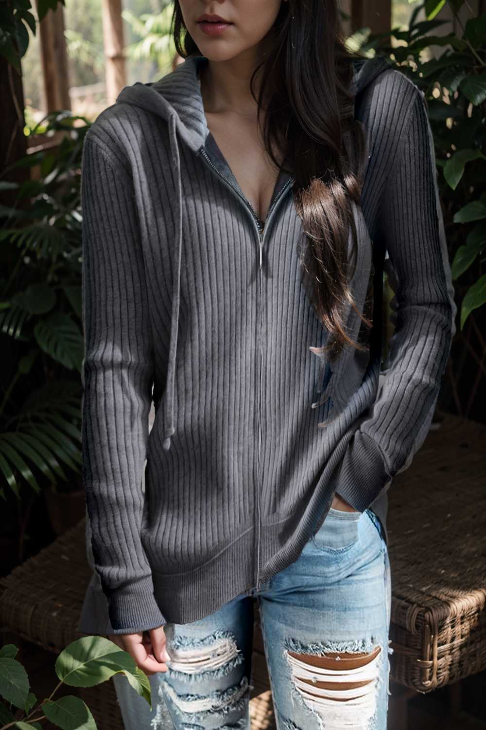 casual zip cardigan long sleeve knit hoodie shirt drop shoulder v neck closed jewel 112875