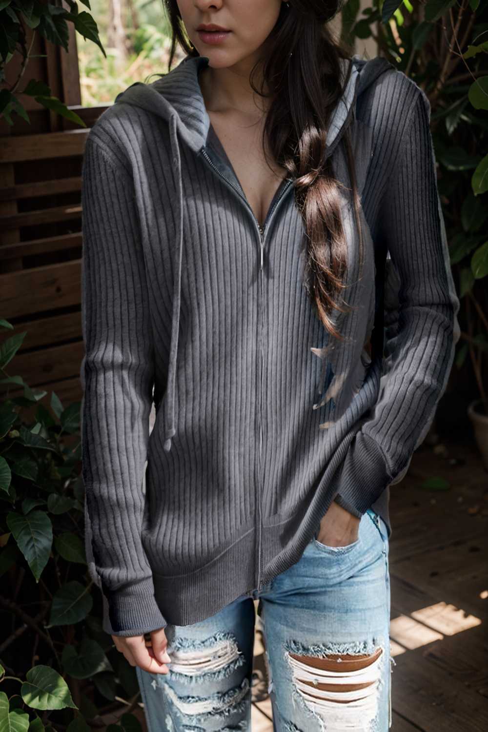 casual zip cardigan long sleeve knit hoodie shirt drop shoulder v neck closed jewel 109419