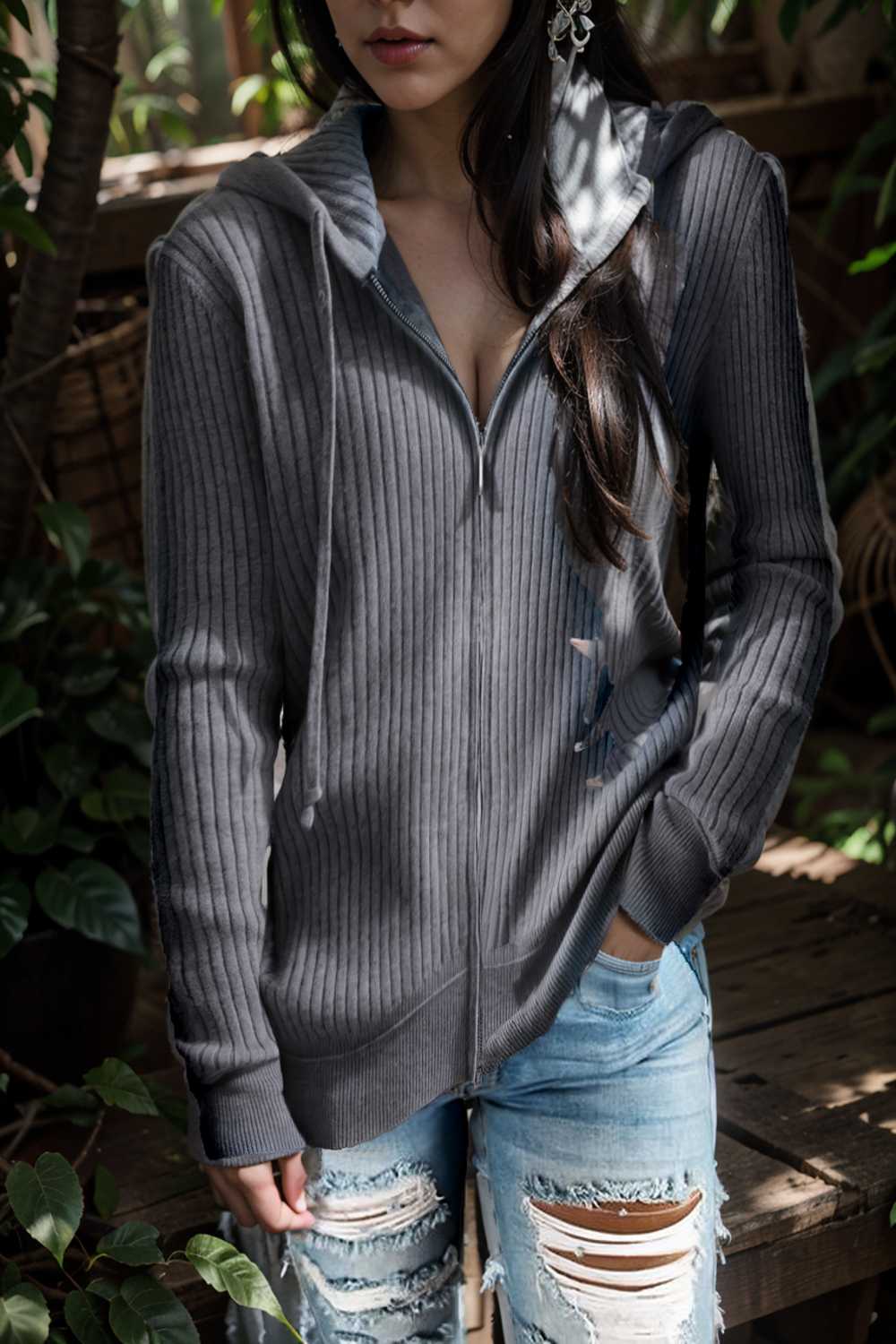 casual zip cardigan long sleeve knit hoodie shirt drop shoulder v neck closed jewel 109418