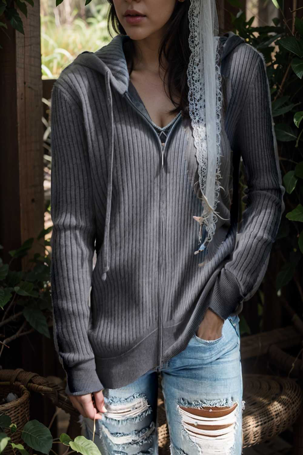 casual zip cardigan long sleeve knit hoodie shirt drop shoulder v neck closed jewel 109417