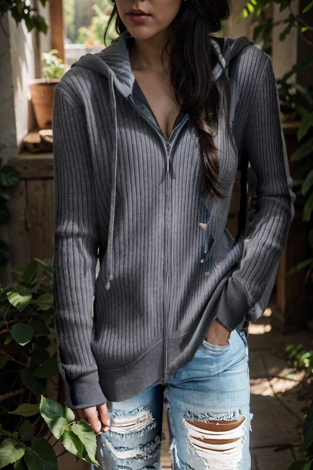 casual zip cardigan long sleeve knit hoodie shirt drop shoulder v neck closed jewel 109415