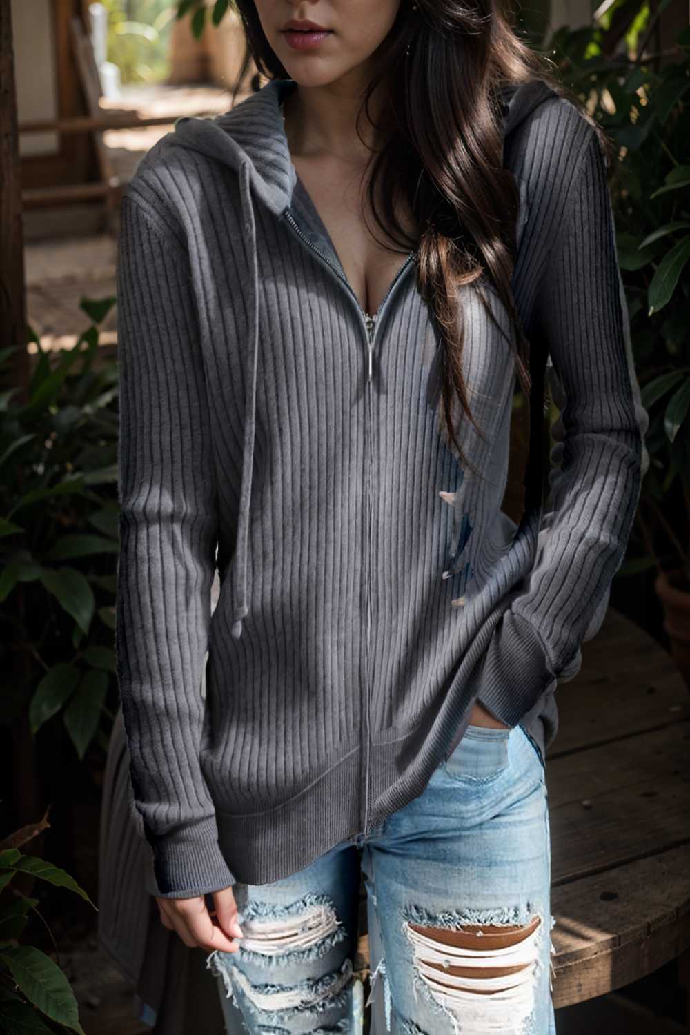 casual zip cardigan long sleeve knit hoodie shirt drop shoulder v neck closed jewel 109414