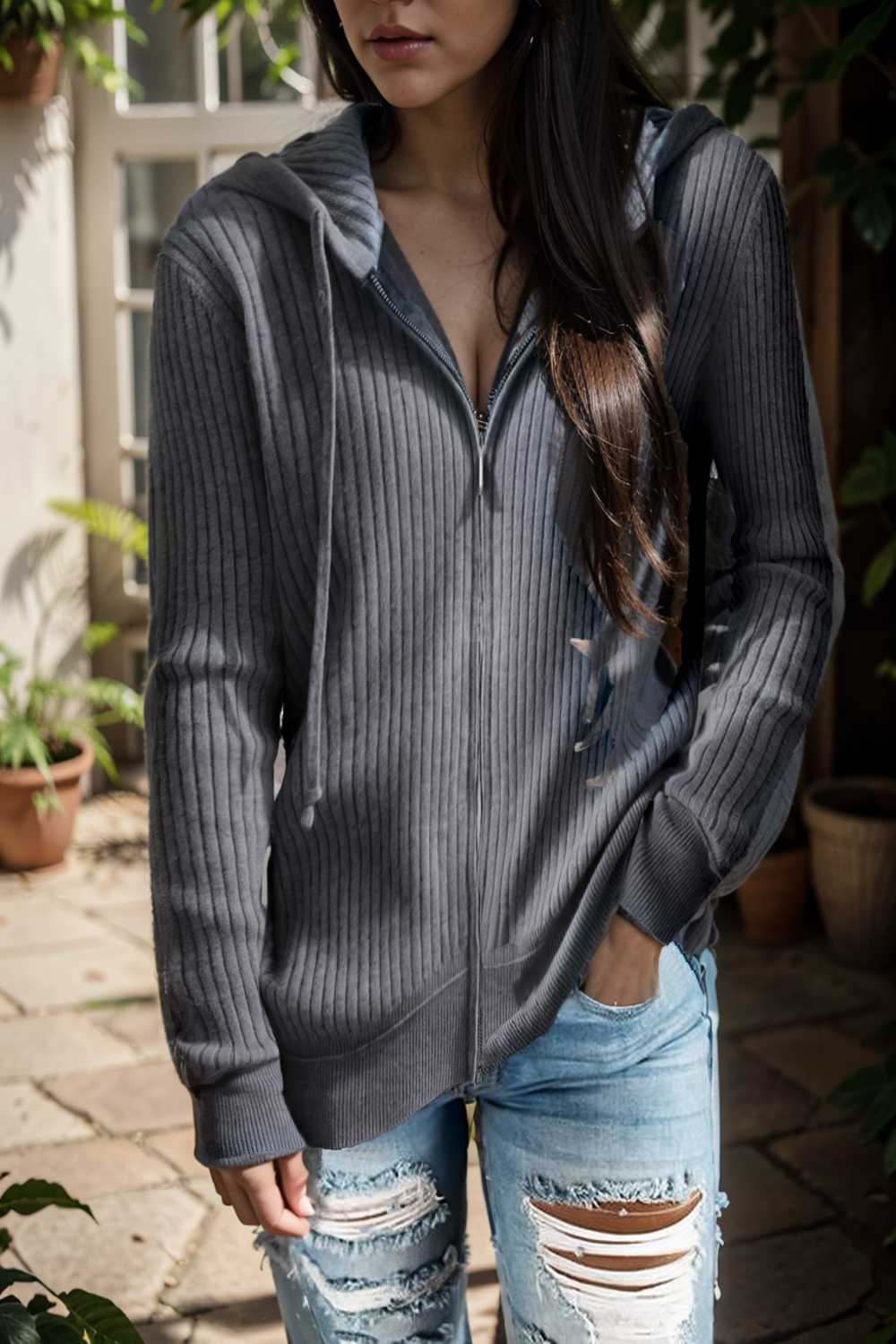 casual zip cardigan long sleeve knit hoodie shirt drop shoulder v neck closed jewel 109413