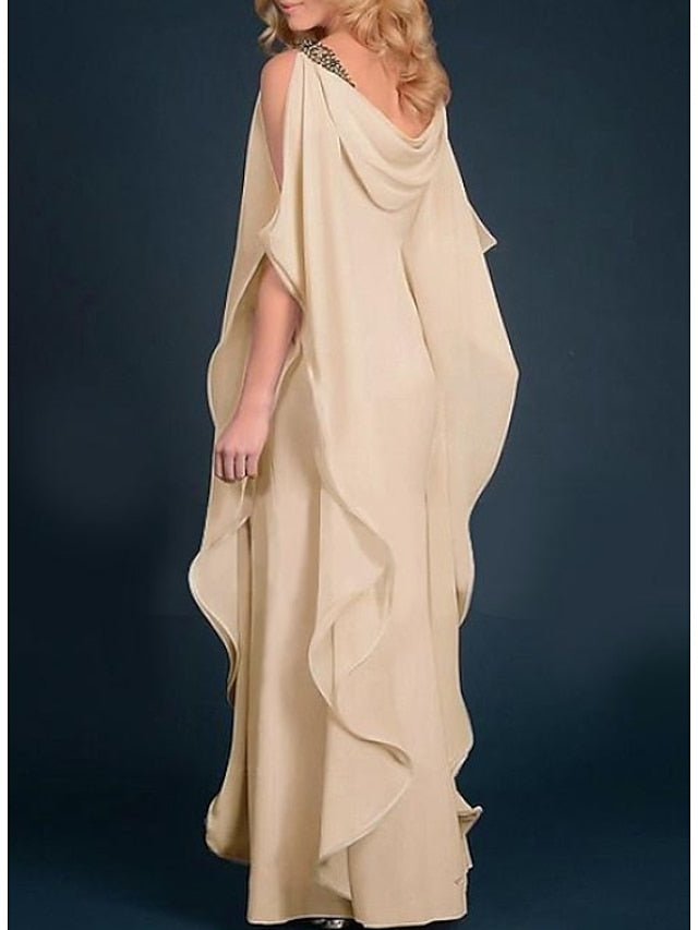 Sheath / Column Mother of the Bride Dress Plus Size Elegant Jewel Neck Floor Length Chiffon Half Sleeve with Beading Cascading Ruffles 2023 - LuckyFash™