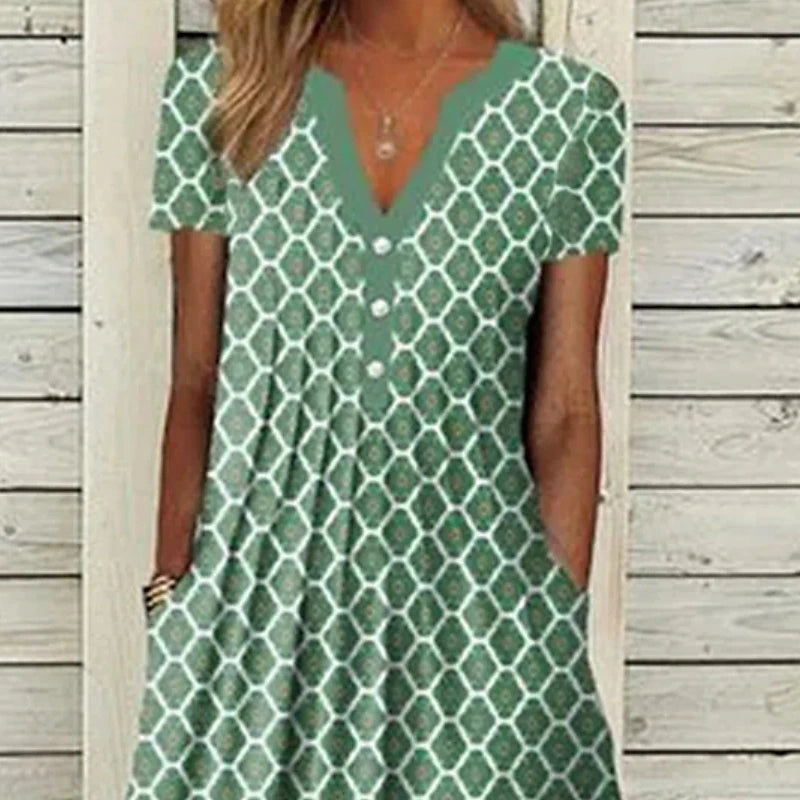 Women's Casual Dress Shift Dress Midi Dress Green Short Sleeve Geometric Ruched Fall Spring Summer V Neck Basic Daily Vacation Summer Dress Loose Fit 2023 S M L XL XXL 3XL