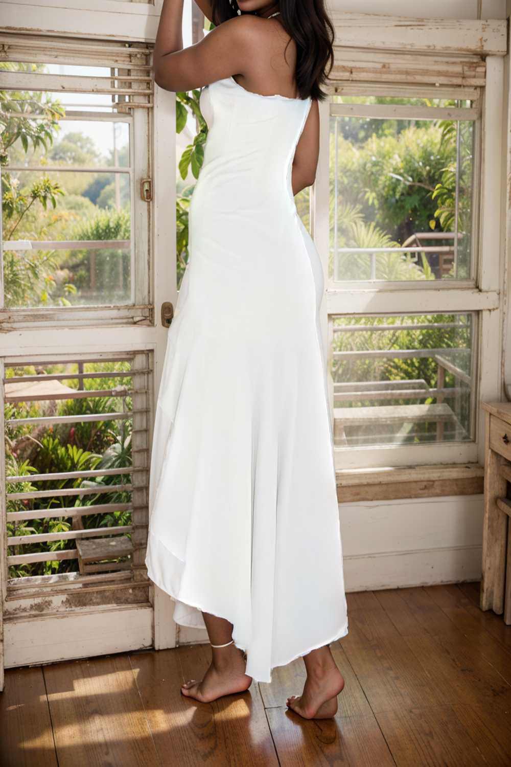 charming sling open back ruffled irregular dress 106092