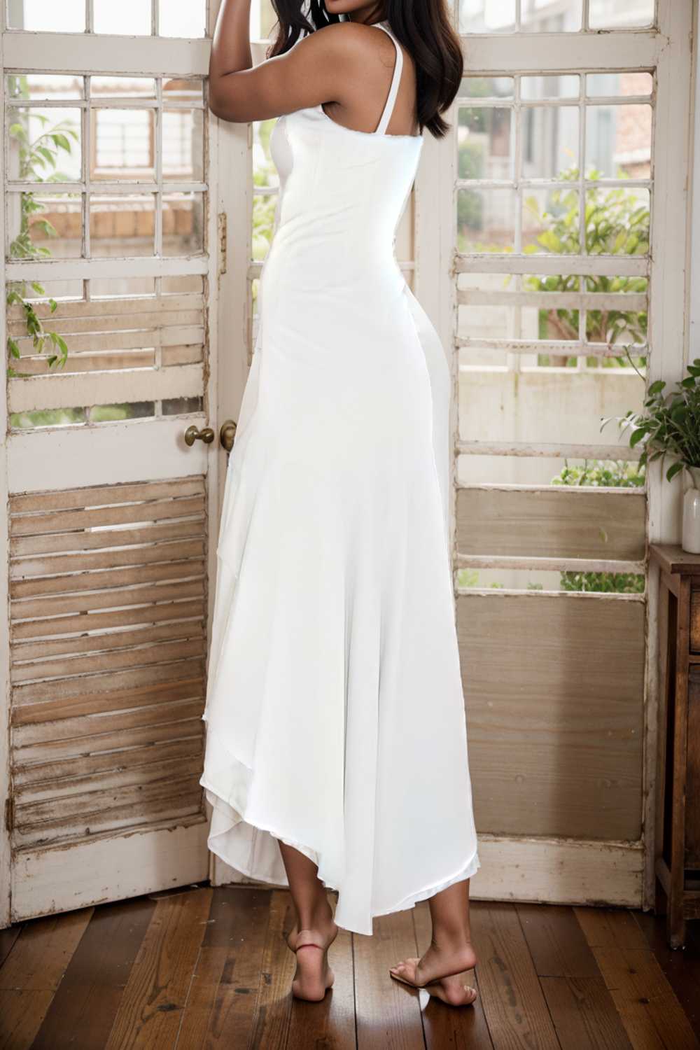 charming sling open back ruffled irregular dress 106090