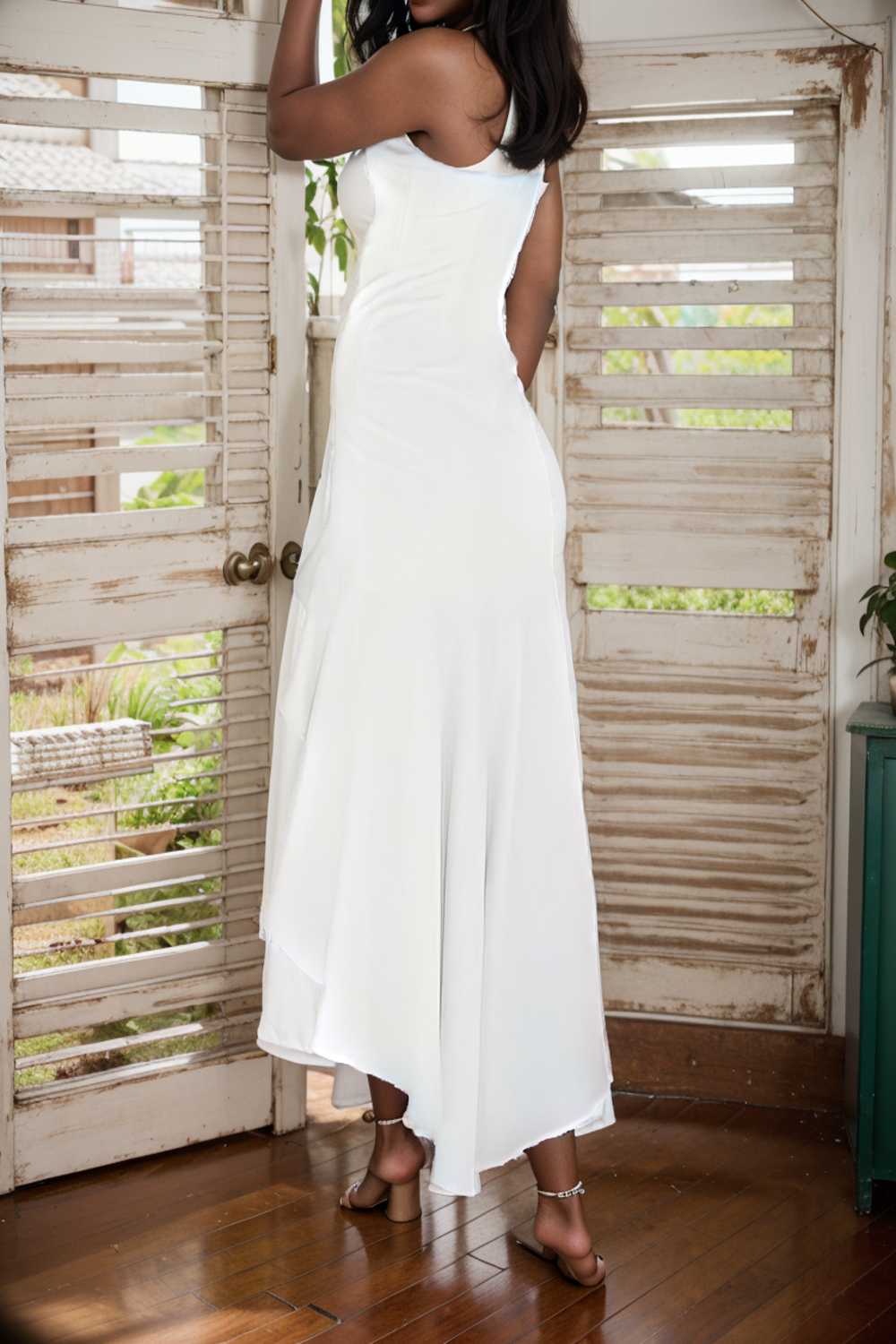 charming sling open back ruffled irregular dress 110431