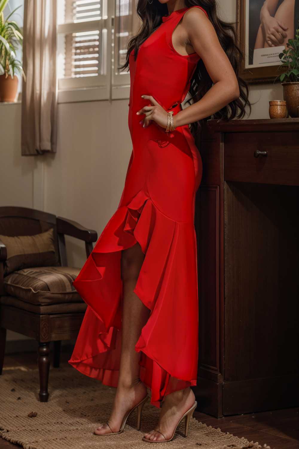 charming sling open back ruffled irregular dress 105559