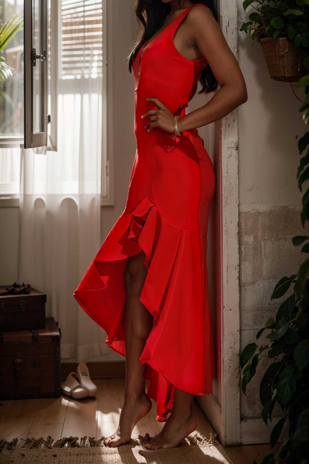 charming sling open back ruffled irregular dress 106019