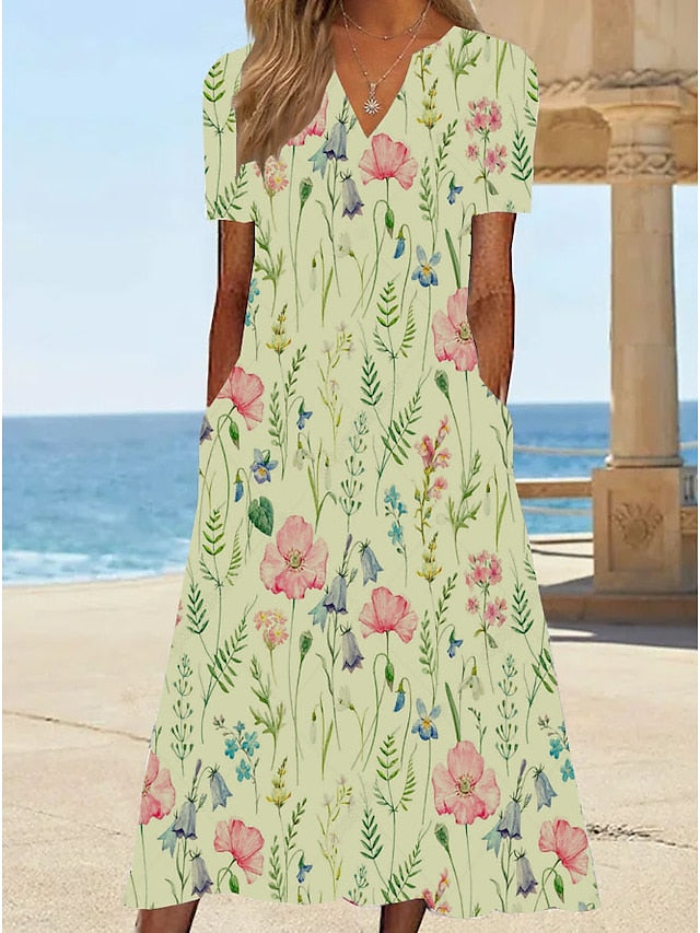 Women's Casual Dress T Shirt Dress Tee Dress Shift Dress Midi Dress White Yellow Pink Short Sleeve Floral Print Summer Spring V Neck Basic Vacation Summer Dress Spring Dress 2023 S M L XL XXL 3XL - LuckyFash™