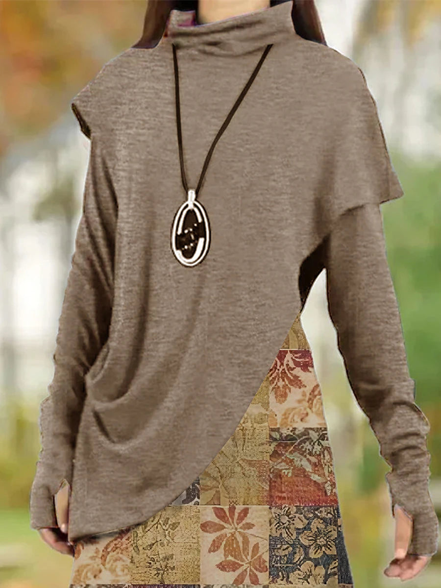 Women's Casual Dress Shift Dress Floral Leaf Patchwork Cowl Neck Mini Dress Vintage Ethnic Daily Long Sleeve Fall Winter