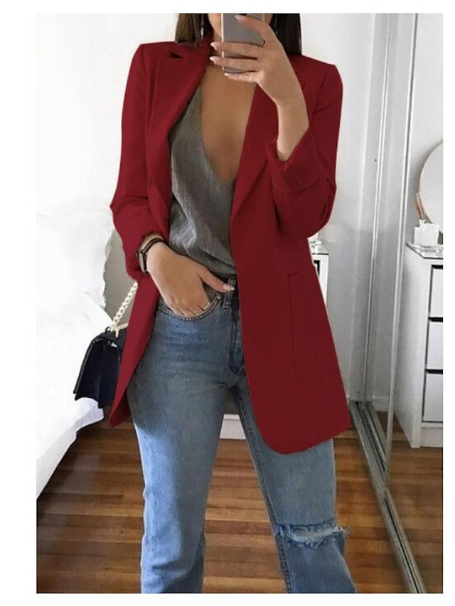 Women's Blazer Casual Pocket Clean Fit Formal Outdoor Daily Wear Polyester Spring Wine Green Black Open Front V Neck Regular Fit S M L XL XXL 3XL / Solid Color - LuckyFash™