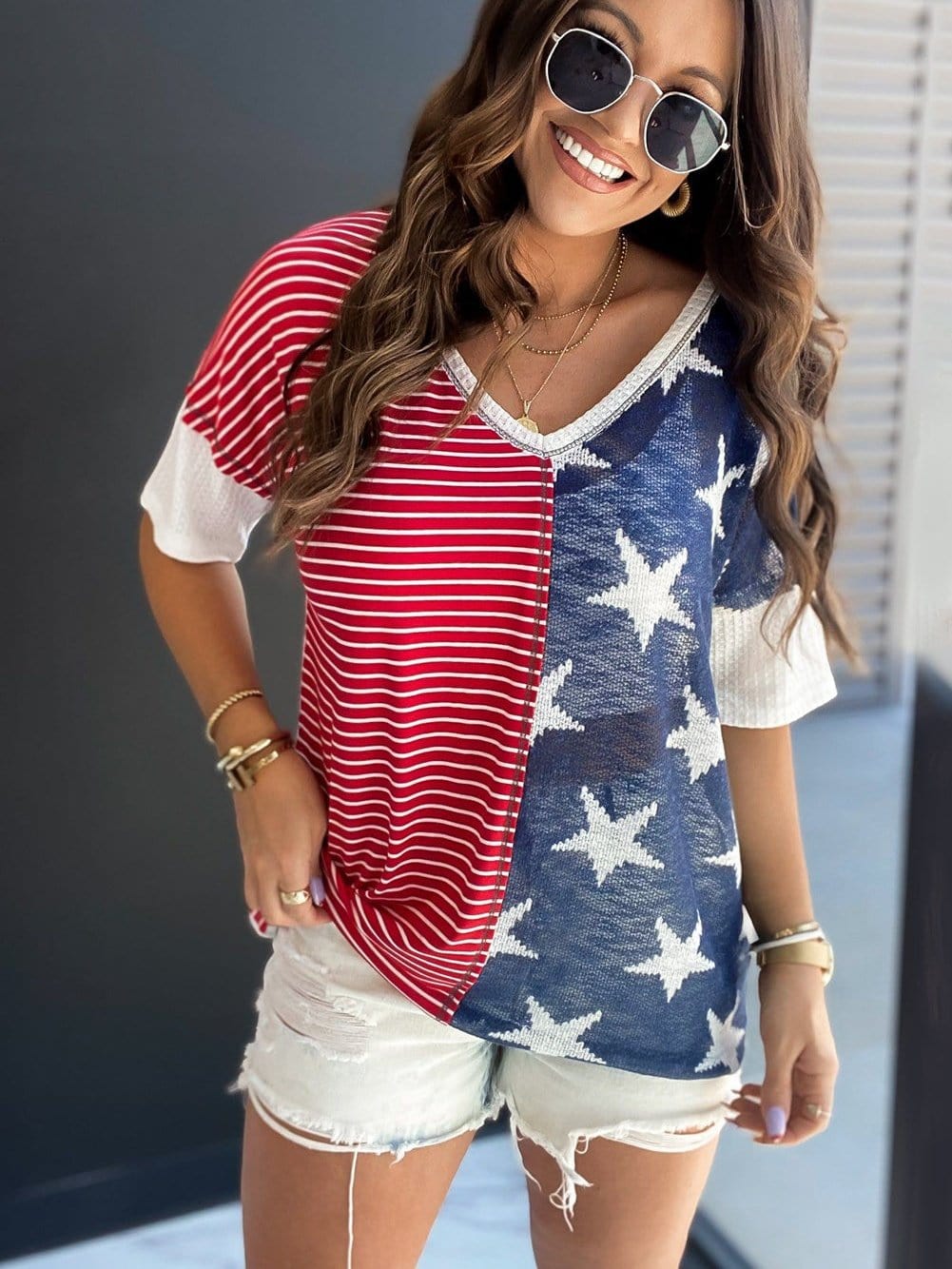 Colorful Striped Stars Print Short Sleeve Knit Top