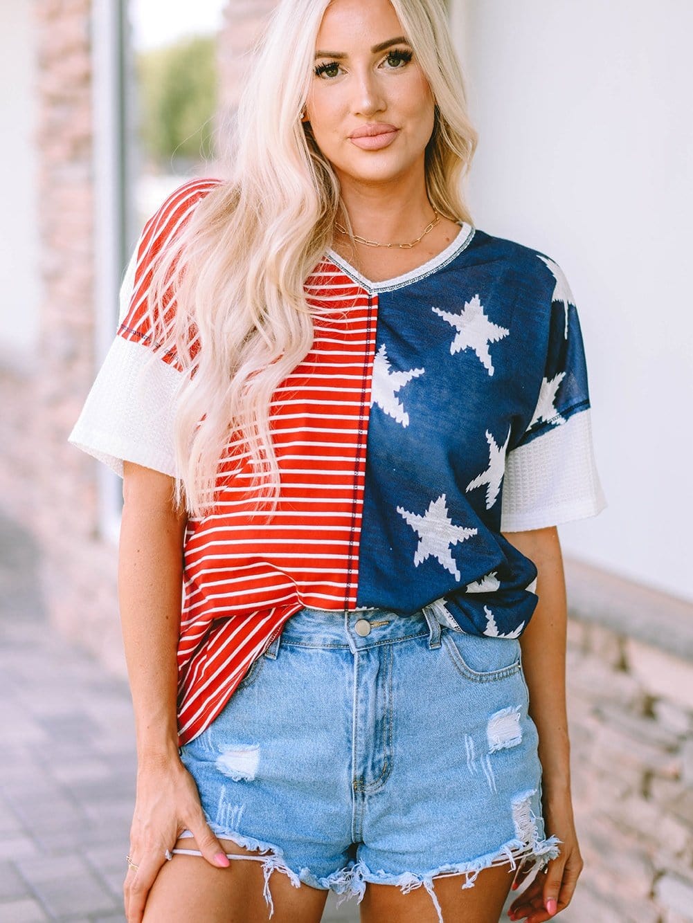 Colorful Striped Stars Print Short Sleeve Knit Top