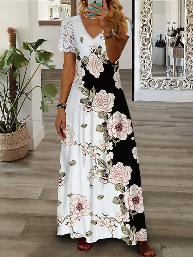 Women's Long Dress Maxi Dress Casual Dress A Line Dress Print Dress Floral Fashion Streetwear Outdoor Daily Vacation Lace Print Short Sleeve V Neck Dress Regular Fit Black White Green Summer Spring S - LuckyFash™