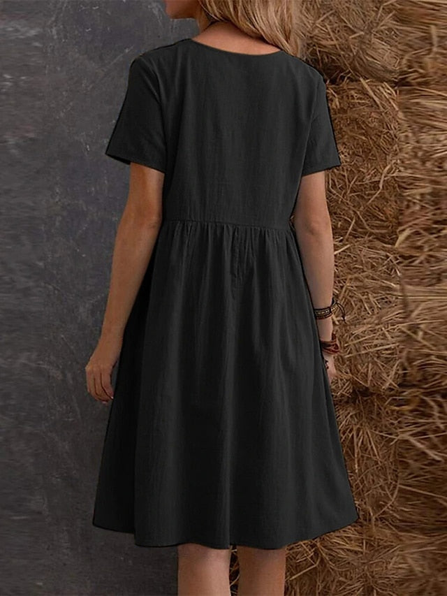 Women's Casual Dress Cotton Linen Dress Maxi long Dress Linen / Cotton Blend Fashion Street Style Daily Date Weekend Crew Neck Ruffle Pocket Short Sleeve Summer 2023 Regular Fit claret Black Yellow - LuckyFash™