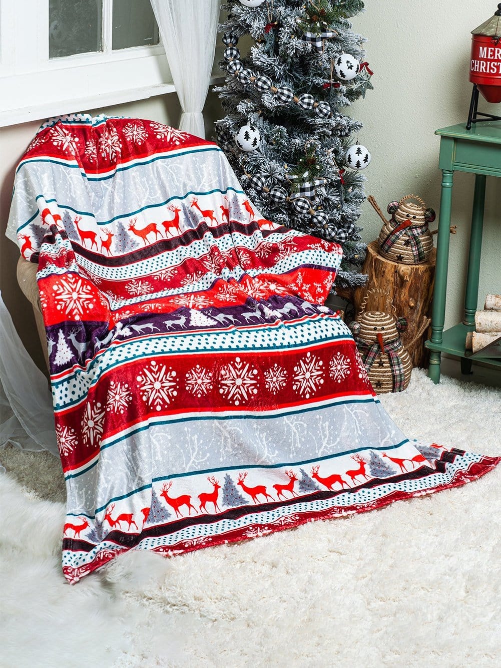 Cozy Red Christmas Elk Print Sherpa Fleece Throw Blanket