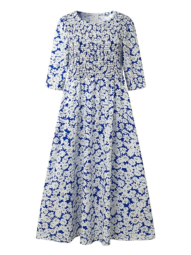 Women's Casual Dress Floral Dress Summer Dress Floral Ruched Pocket Crew Neck Midi Dress Fashion Modern Outdoor Daily Half Sleeve Regular Fit White Blue Green Summer Spring S M L XL XXL - LuckyFash™