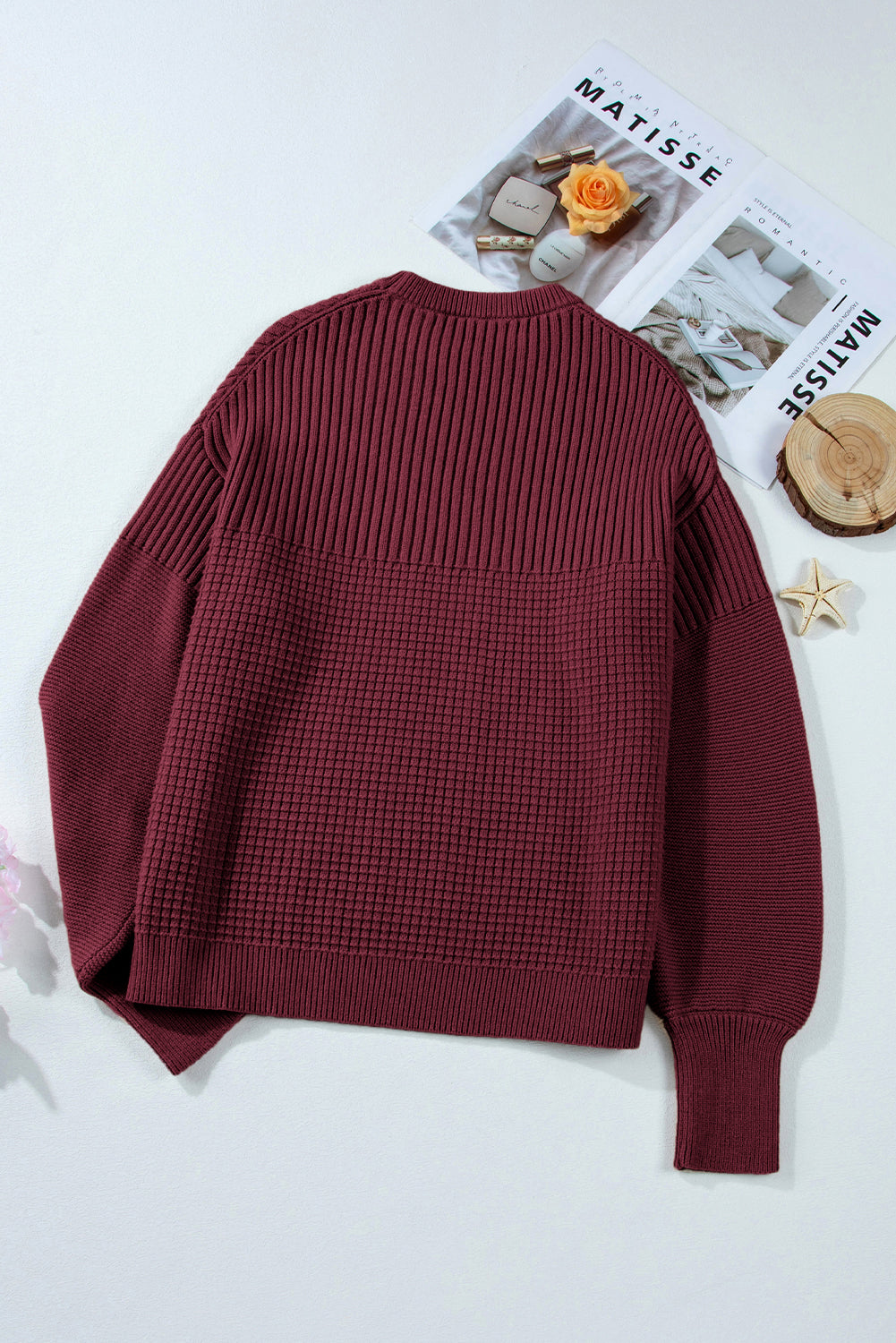 Burgundy Solid Color Mixed Textured Knitted Crew Neck Sweater