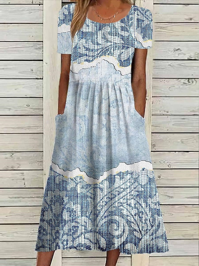 Women's Casual Dress Summer Dress Print Dress Floral Butterfly Pocket Print Crew Neck Midi Dress Fashion Streetwear Outdoor Daily Short Sleeve Loose Fit Black White Royal Blue Summer Spring S M L XL - LuckyFash™