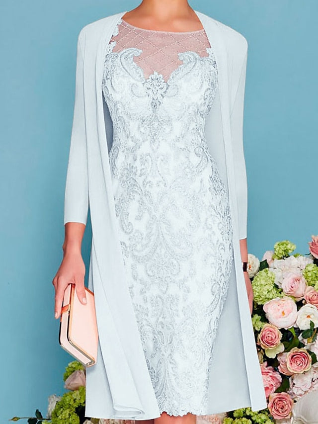 Two Piece Sheath / Column Mother of the Bride Dress Formal Church Elegant Jewel Neck Knee Length Chiffon Lace 3/4 Length Sleeve Wrap Included Jacket Dresses with Beading Appliques 2023 - LuckyFash™